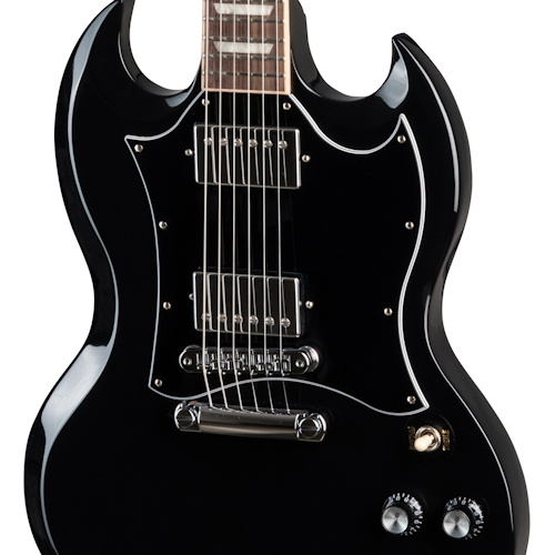Glossy black Gibson electric guitar with double cutaway body, dual humbucker pickups, three control knobs, and a chrome bridge.