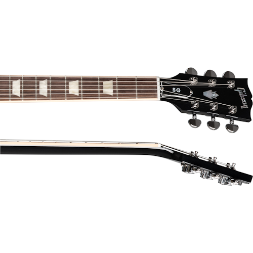 Gibson electric guitar neck and headstock with trapezoid inlays, black finish, chrome tuning pegs, and "SG" model label on the head.