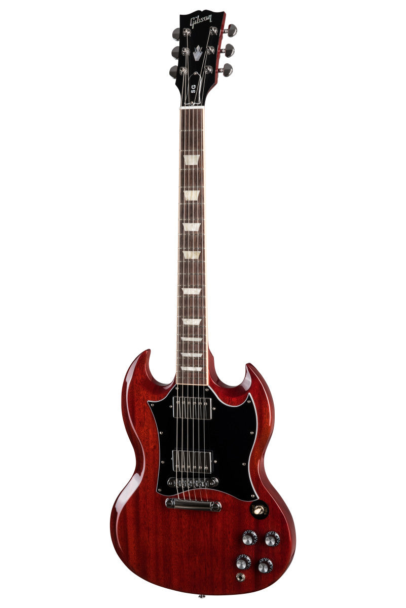 Gibson SG electric guitar in glossy cherry red with double cutaway body, black pickguard, two humbucker pickups, and four control knobs.