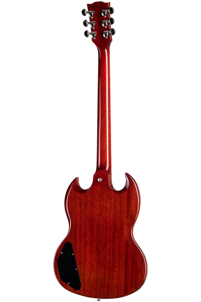 Cherry red electric guitar, viewed from the back, featuring a double-cutaway body and chrome tuning pegs.