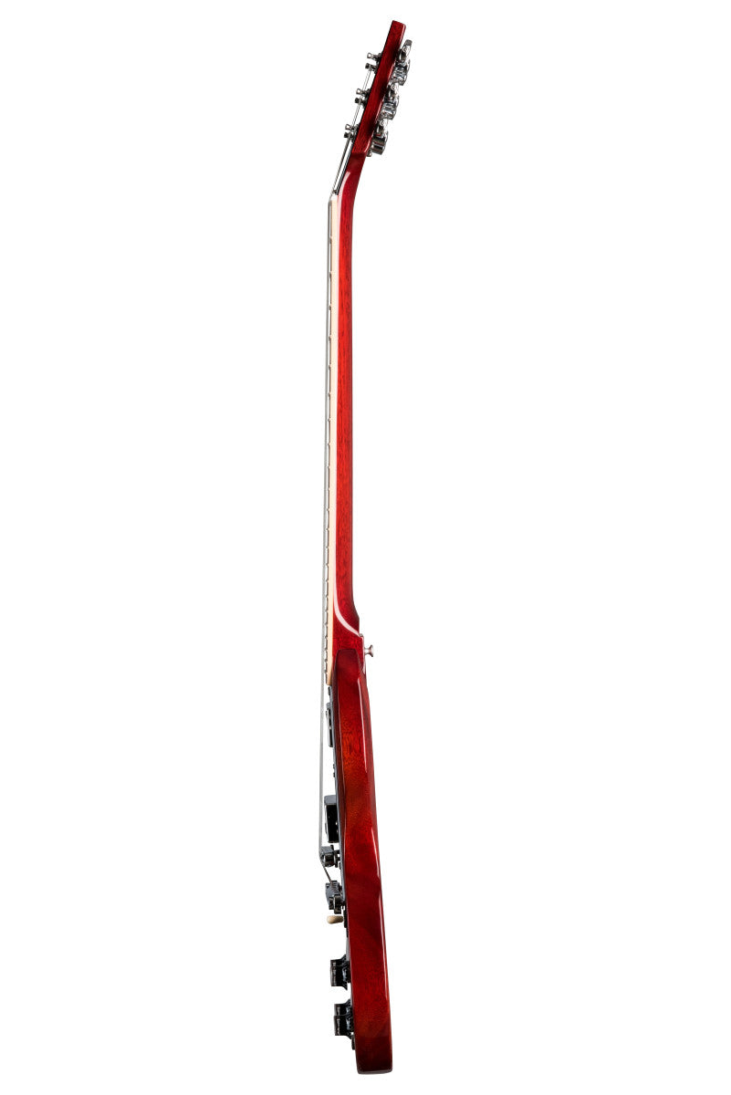 Electric guitar viewed from the side, showing a slim, glossy red body and neck with tuning pegs and control knobs visible.