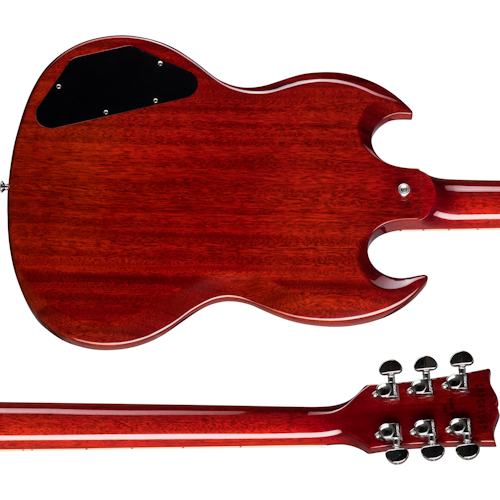Glossy red electric guitar with a double-cutaway body, rear electronics cover, and six tuning pegs on the headstock visible from the back.