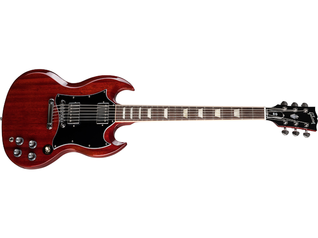 Cherry red electric guitar with a double-cutaway body, black pickguard, two humbucker pickups, four control knobs, and a rosewood fretboard.