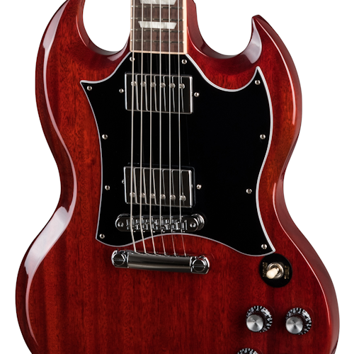 Glossy red electric guitar with double cutaways, black pickguard, chrome hardware, and four black control knobs.