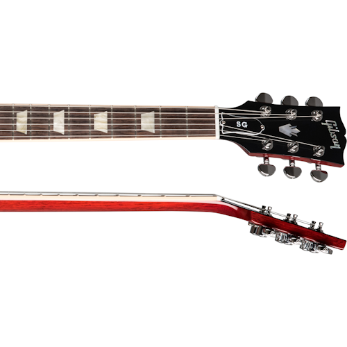 Gibson SG electric guitar neck and headstock with dark fingerboard, trapezoid inlays, chrome tuners, and red wood finish on the back of the neck.