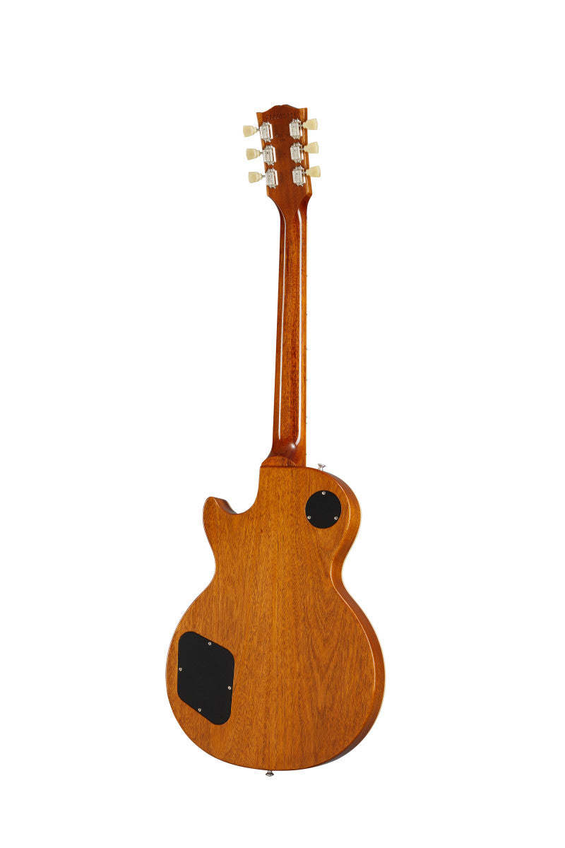 Electric guitar shown from the back, featuring a single-cutaway mahogany body, brown wood finish, and two black plastic electronics covers.