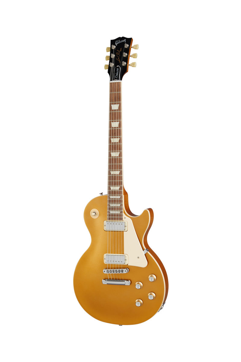 Gold solid-body electric guitar with two humbucker pickups, four control knobs, cream pickguard, and a single cutaway design.