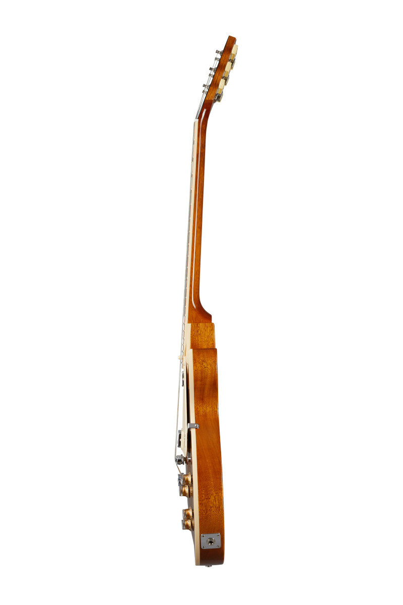 Side view of a wooden electric guitar showing the neck, tuning pegs, and control knobs on a glossy light brown body.