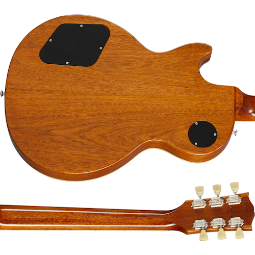 Back view of a brown wood electric guitar body with two black plastic covers and six tuning pegs visible on the headstock.