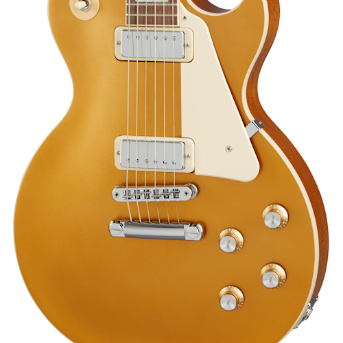 Gold electric guitar with a white pickguard, two chrome pickups, four control knobs, and a tune-o-matic bridge.