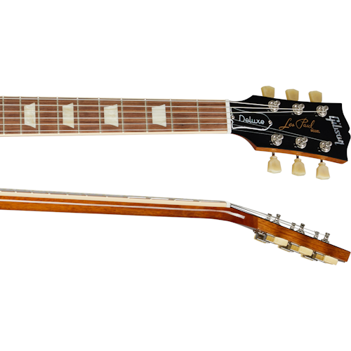 Electric guitar neck and headstock with trapezoid inlays, Deluxe and Les Paul model markings, six tuning pegs, and a glossy wood finish.