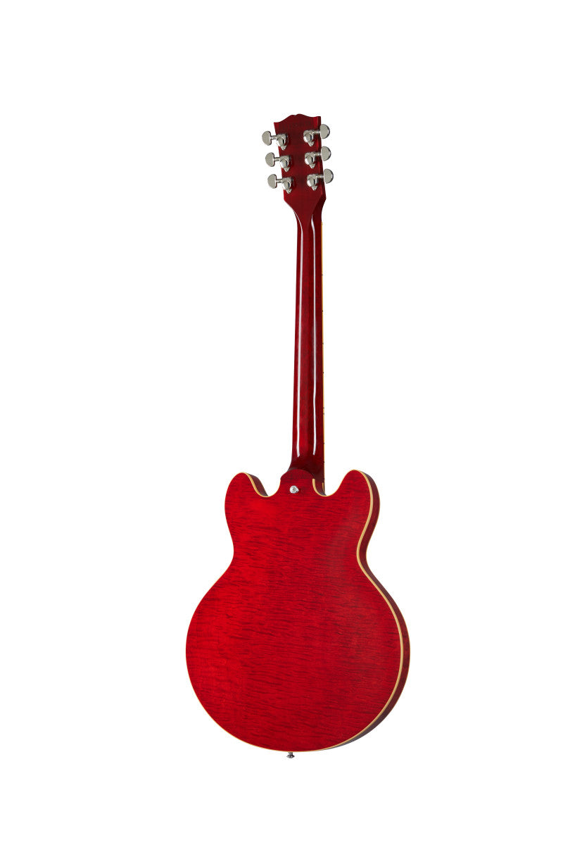 Red electric guitar viewed from the back, showing a cherry wood finish, double cutaway body shape, and six tuning pegs on the headstock.