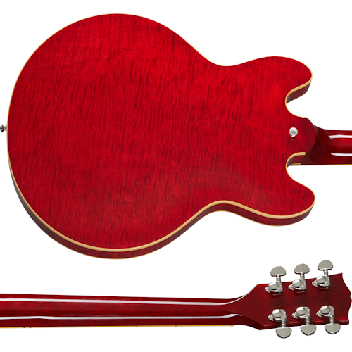 Bright red electric guitar with a double-cutaway body, cream binding, visible wood grain, and six chrome tuning pegs on the headstock.