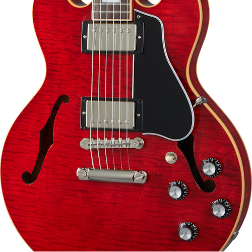 Red electric guitar with a semi-hollow body, two humbucker pickups, black pickguard, silver knobs, and f-shaped sound holes.