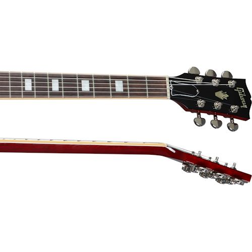 Electric guitar neck and headstock with silver tuning pegs, black head with Gibson logo, rosewood fretboard, and rectangular inlays.