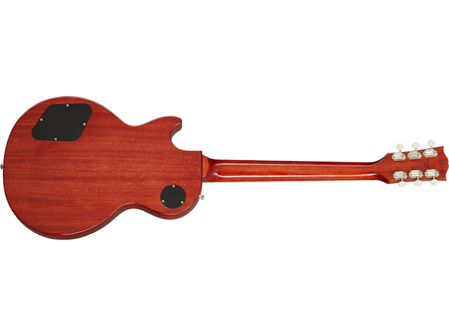 Mahogany electric guitar shown from the back, revealing control cavity covers and neck, with six tuning pegs on the headstock.
