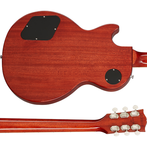 Back view of a reddish-brown electric guitar showing a smooth wooden finish, two black plastic covers, and six tuning pegs on the headstock.