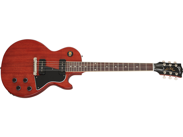 Cherry red electric guitar with a single cutaway, black pickguard, four control knobs, two pickups, and a rosewood fretboard.