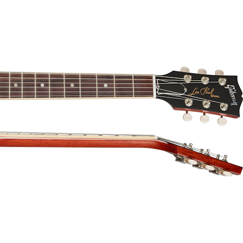 Gibson Les Paul electric guitar neck and headstock, showing tuning pegs, fretboard with dot inlays, and signature logo in gold script.