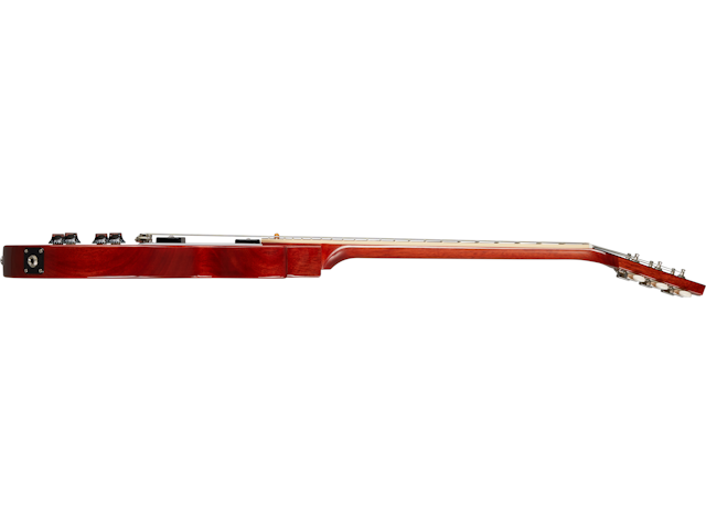 Side view of a red electric guitar lying flat, showing the neck extending right and the body with control knobs on the left.