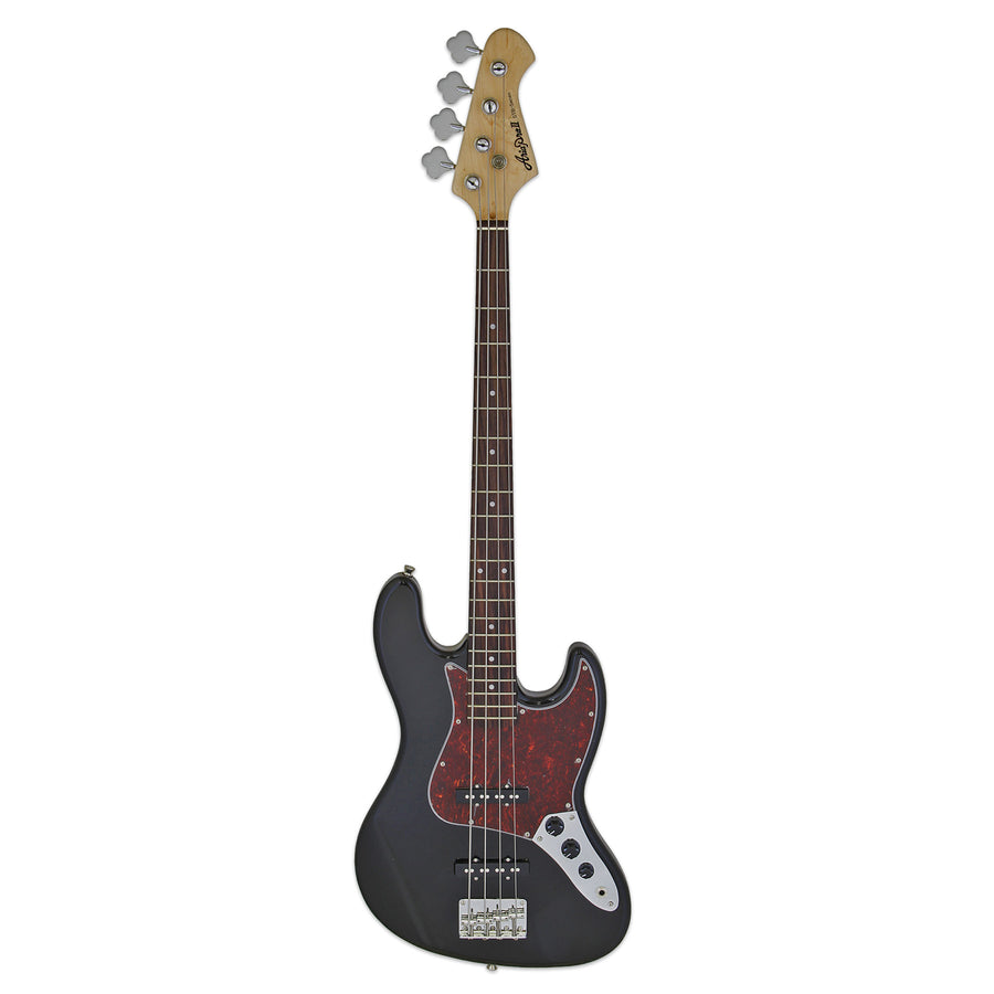 Four-string electric bass with a black body, dark red pickguard, chrome bridge and tuners, and a natural wood headstock.