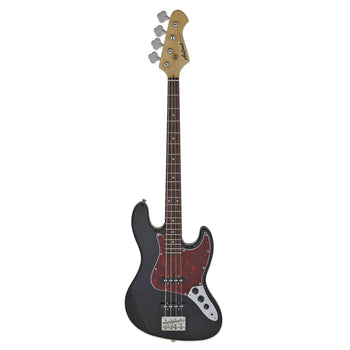 Four-string electric bass with a black body, dark red pickguard, chrome bridge and tuners, and a natural wood headstock.