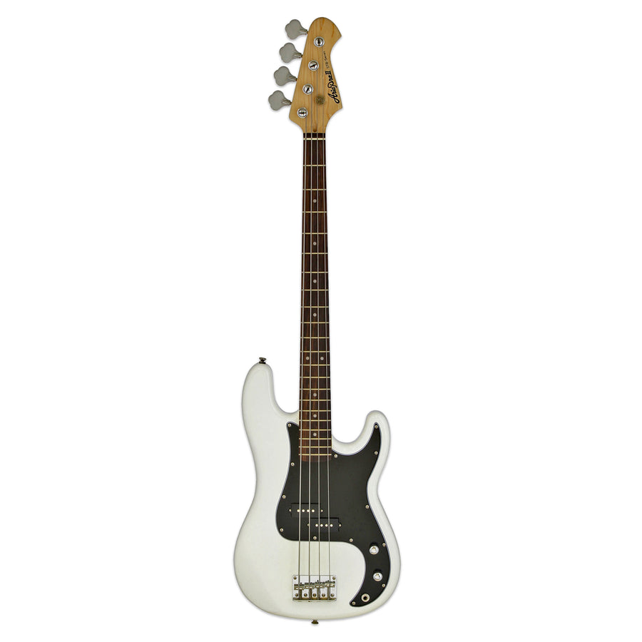 White electric bass guitar with a black pickguard, four strings, silver tuning pegs, and a natural wood headstock.