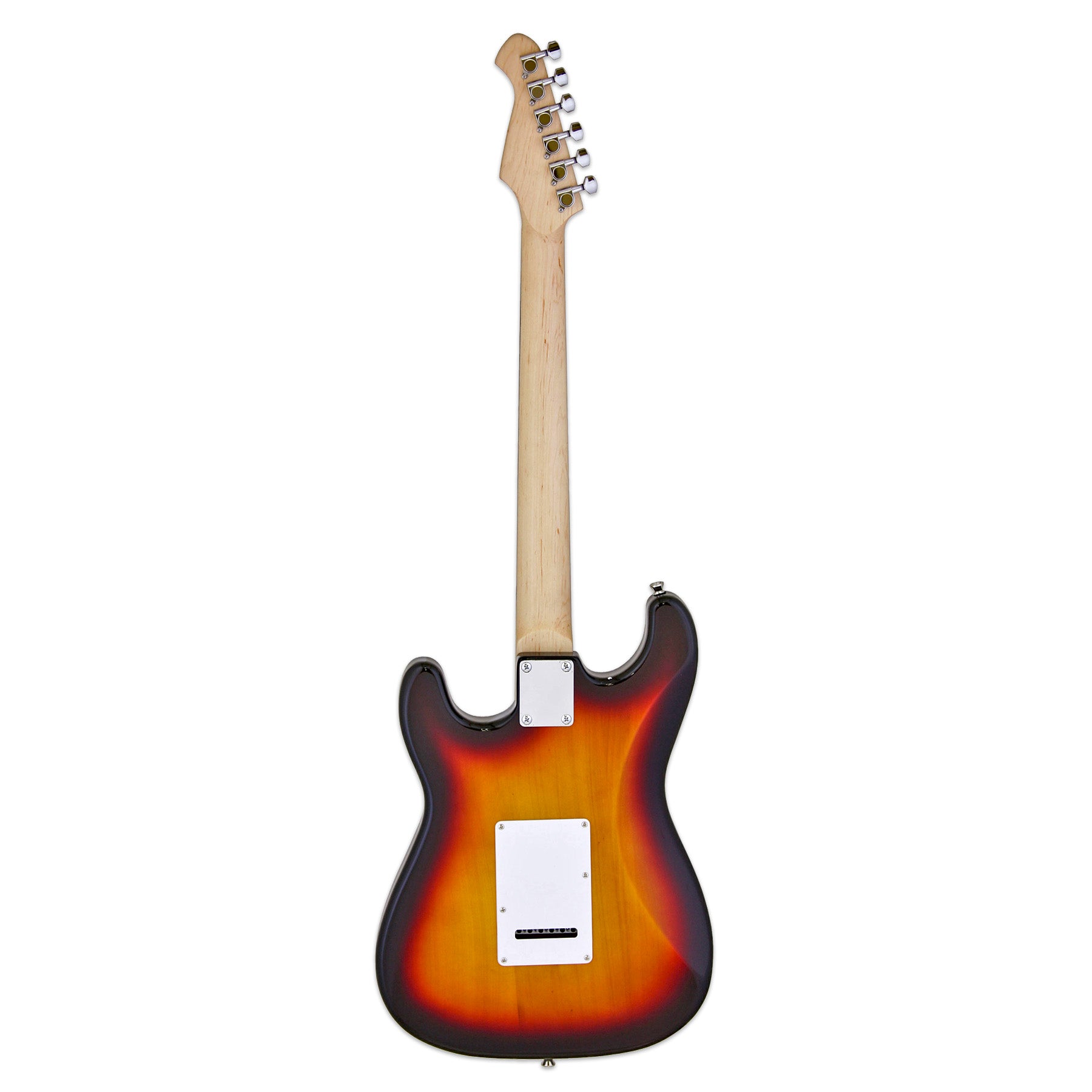 Guitare électrique vue de dos, corps aux contours rouges et jaunes, manche en bois clair, six mécaniques argentées alignées sur la tête.