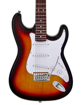 Guitare électrique à corps arrondi finition sunburst, trois micros simples, pickguard blanc, cinq boutons blancs et une tige de vibrato argentée.
