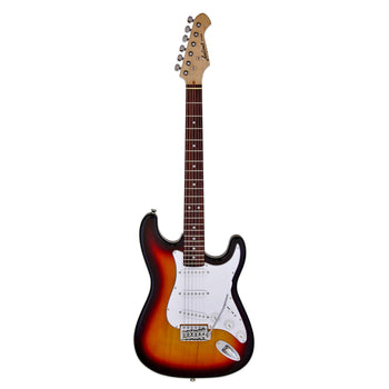Sunburst electric guitar with a white pickguard, six strings, maple neck, rosewood fretboard, and chrome tuning pegs. Classic double-cutaway shape.