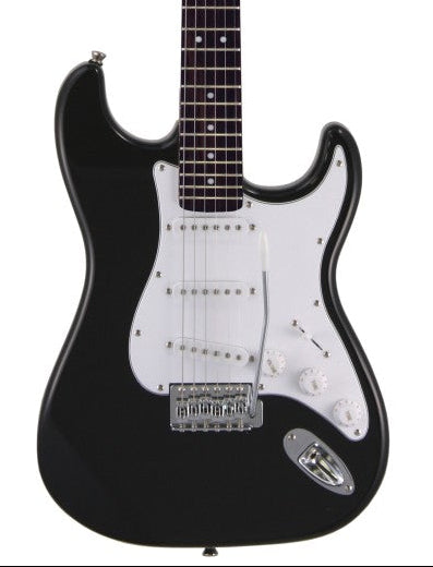 Black electric guitar with a white pickguard, three single-coil pickups, three control knobs, and a metal input jack on the lower right.