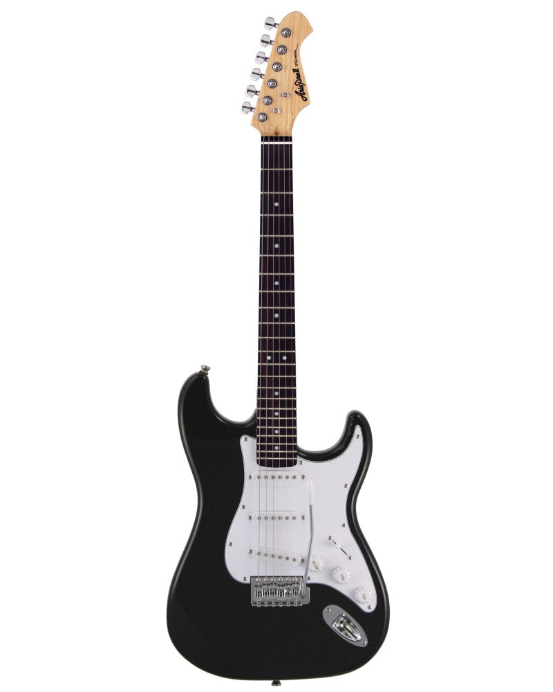 Black electric guitar with white pickguard, three pickups, six tuning pegs on a light wood headstock, and a dark fretboard with white inlays.