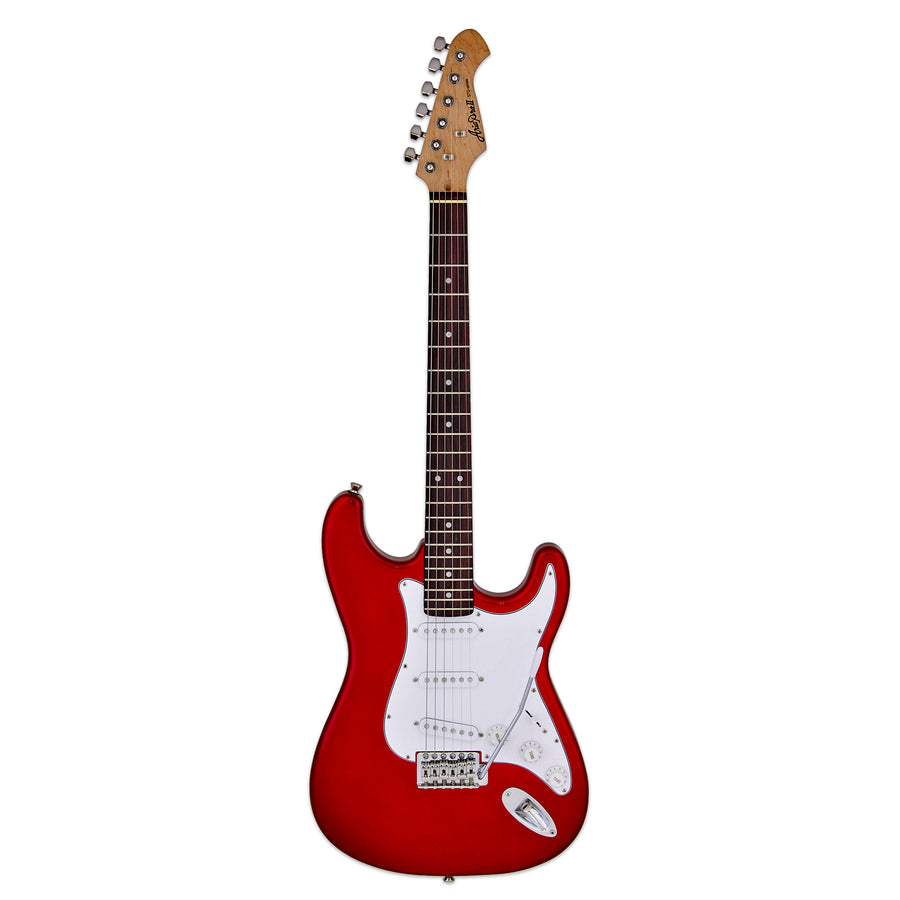 Red electric guitar with a white pickguard, six strings, dark fretboard, and chrome tuning pegs on a natural wood headstock.