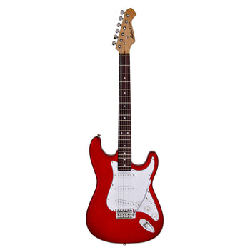 Red electric guitar with a white pickguard, six strings, dark fretboard, and chrome tuning pegs on a natural wood headstock.