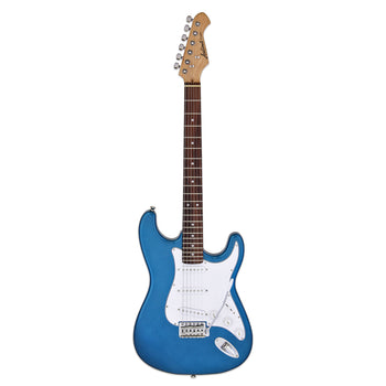 Blue electric guitar with a white pickguard, six strings, three single-coil pickups, and a brown fretboard with dot inlays.