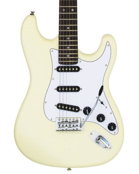Cream-colored electric guitar with a white pickguard, three black single-coil pickups, three control knobs, and a tremolo bridge.