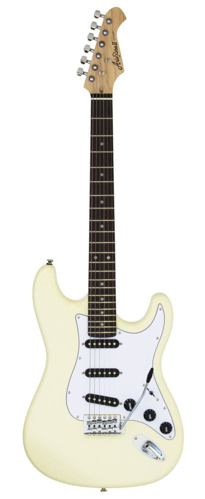 Cream-colored electric guitar with three black single-coil pickups, a white pickguard, chrome hardware, and a maple neck with a dark fretboard.