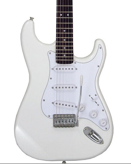 White electric guitar with a double-cutaway body, three single-coil pickups, white pickguard, and chrome tremolo bridge.