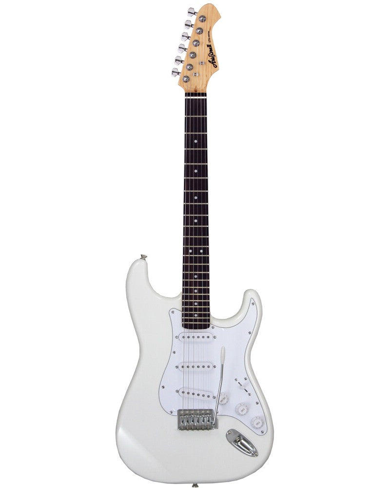 White electric guitar with a contoured double-cutaway body, three single-coil pickups, a dark fretboard, and chrome hardware.