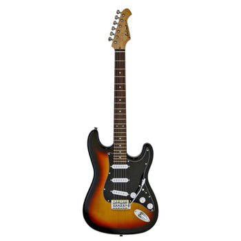 Sunburst electric guitar with a black pickguard, three single-coil pickups, and a tremolo bar, classic Stratocaster-style body.