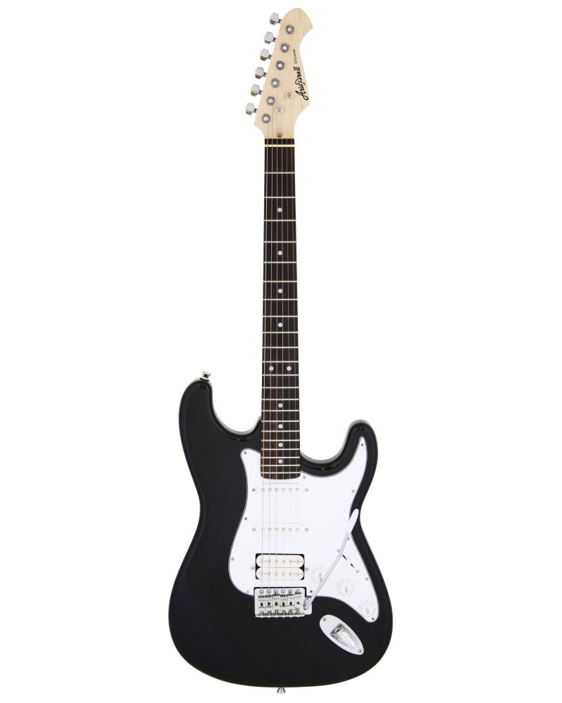 Black electric guitar with a white pickguard, six tuning pegs, three pickups, five-way switch, and a whammy bar, in a classic Stratocaster style.