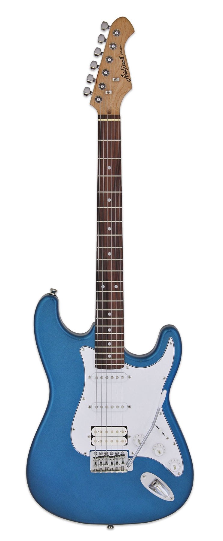 Guitare électrique bleue à six cordes, corps asymétrique, plaque pickguard blanche, trois micros et vibrato métallique argenté.