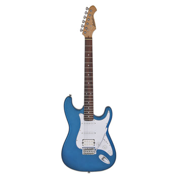 Blue electric guitar with a white pickguard, six tuning pegs, three pickups, control knobs, and a dark fingerboard with dot inlays.