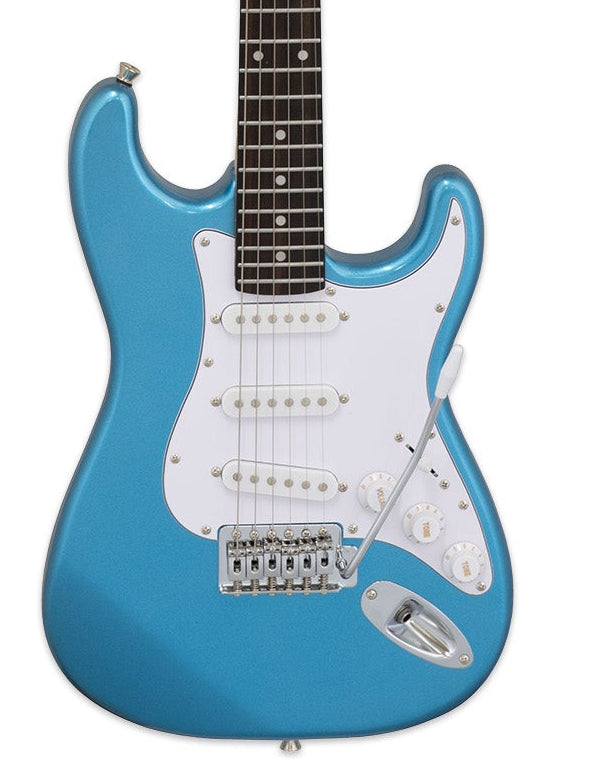 Metallic blue electric guitar with a white pickguard, three single-coil pickups, volume and tone knobs, and a whammy bar.