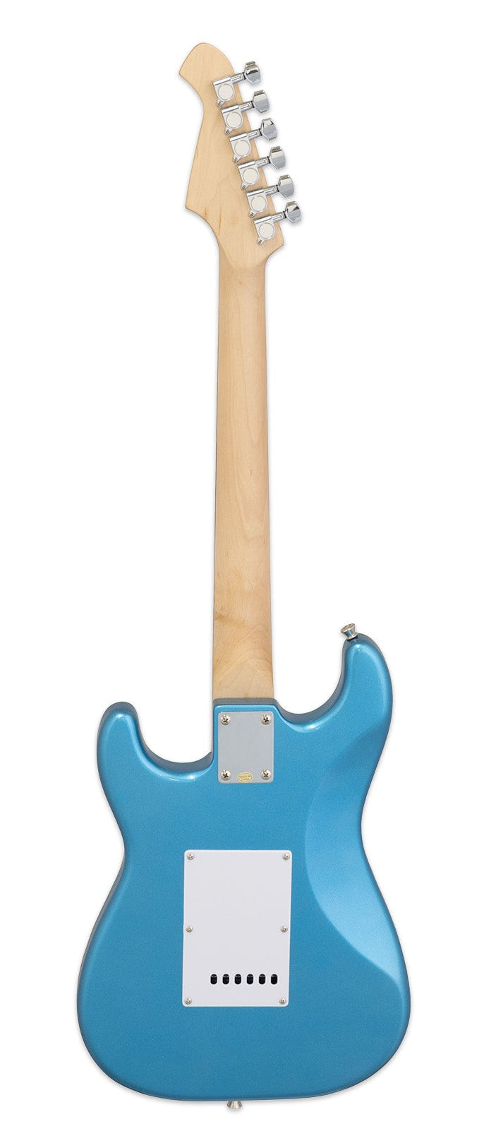 Blue electric guitar seen from the back, with a natural wood neck, six silver tuning pegs, and a white plastic cover on the body.