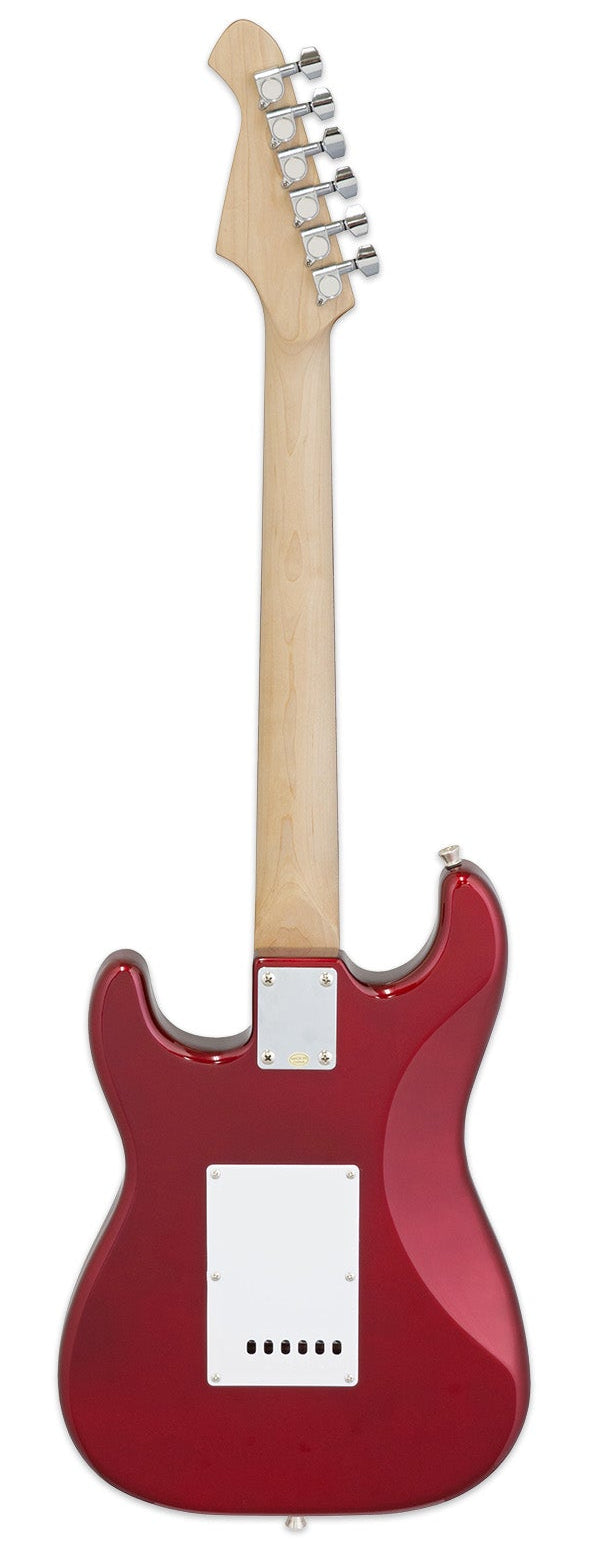 Guitare électrique rouge vue de dos, manche en bois clair, plaques rectangulaires blanches fixées au dos du corps et à la jonction du manche.