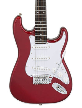 Red electric guitar with a white pickguard, three single-coil pickups, five control knobs, and a tremolo arm.