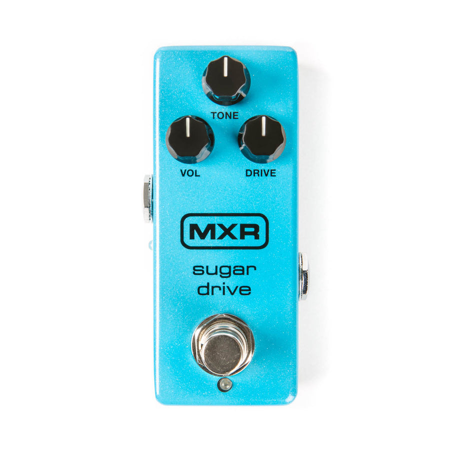 Bright blue MXR Sugar Drive FX pedal with three black knobs labeled Tone, Vol, and Drive, plus a silver footswitch at the bottom.