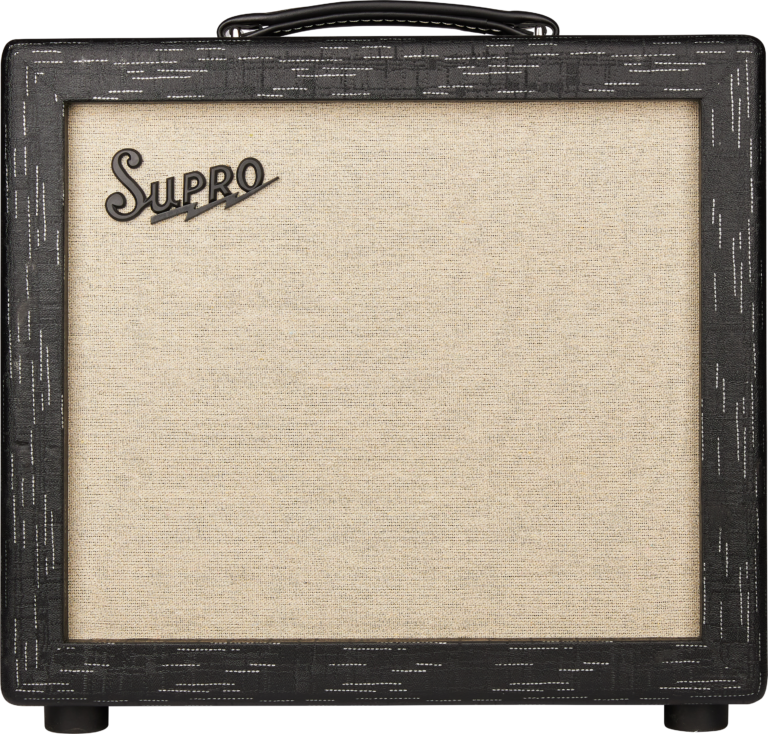 Supro guitar amplifier with a textured black frame and large beige speaker grill, featuring the Supro logo in the upper left corner.