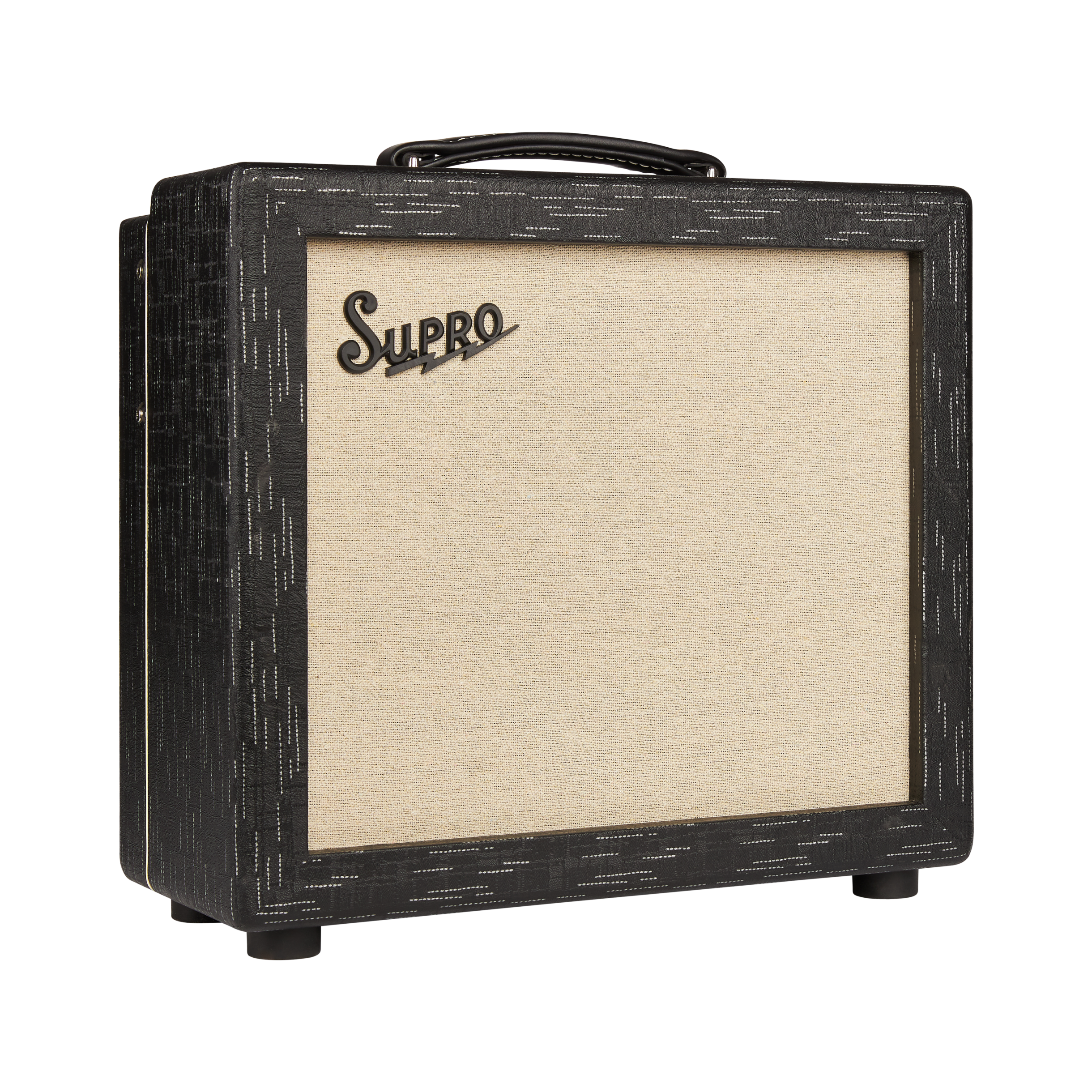 Black Supro amplifier with a beige speaker grille, top carrying handle, and retro-style logo on the upper left front corner.